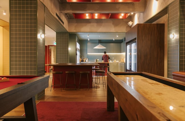 The kitchen and dining area inside Drifter Hotel Christchurch.