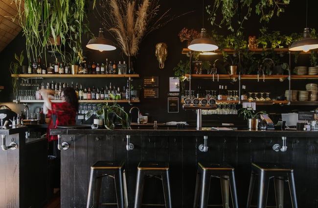 The black bar decorated with potted plants.