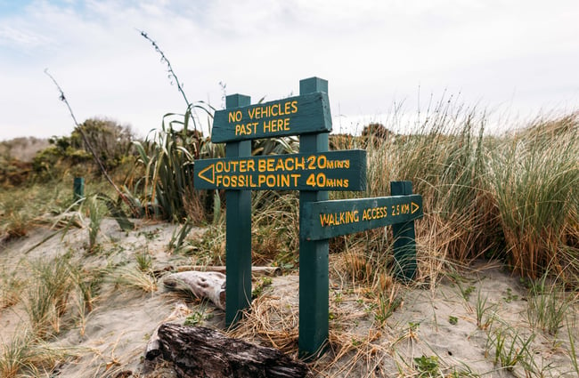 Green and yellow signage on the beach.