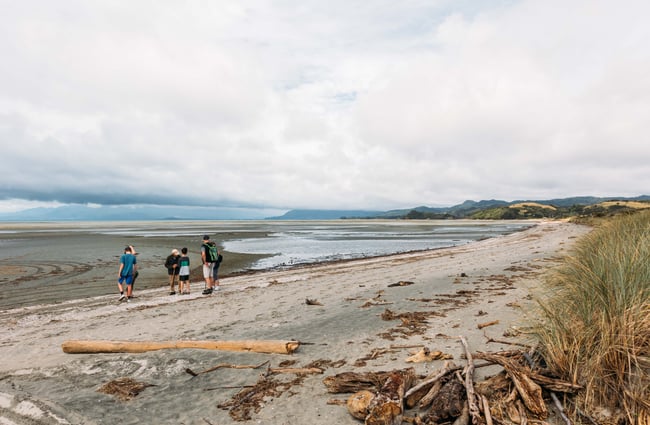 A group of people looking down the beach.