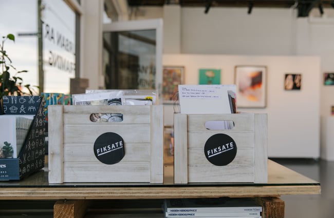 Boxes of postcards at Fiksate in Christchurch.