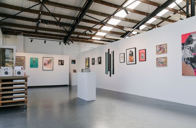 Wideangle view of the gallery space at Fiksate in Christchurch.