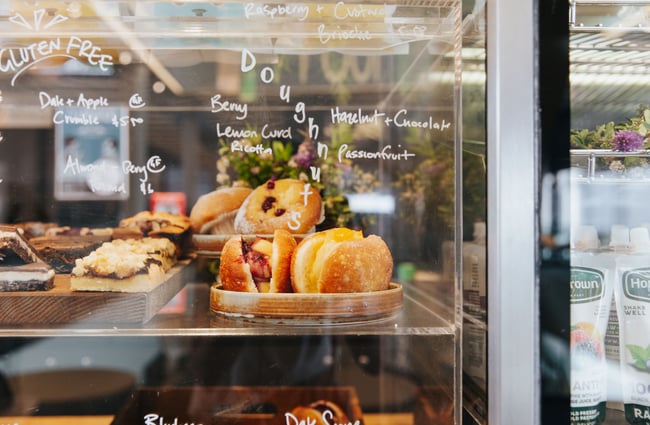 Cabinet of donuts at Foundation Café in Christchurch.