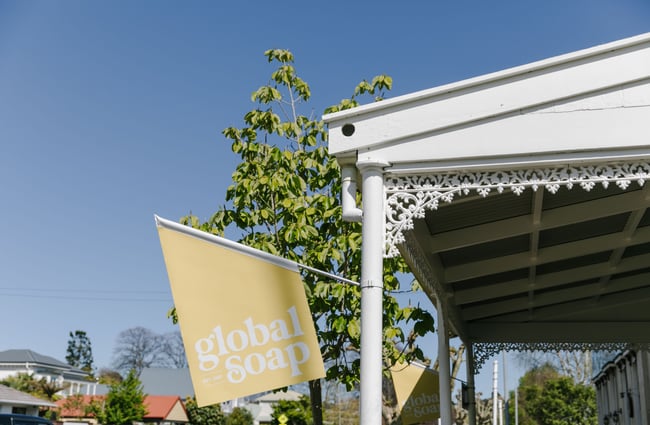 Flags outside Global Soap, Nelson.