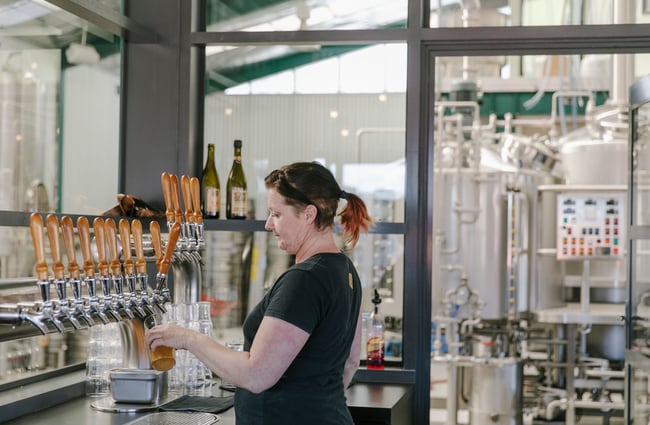 Woman pouring a pint at Golden Bear Brewing Company, Māpua Tasman.