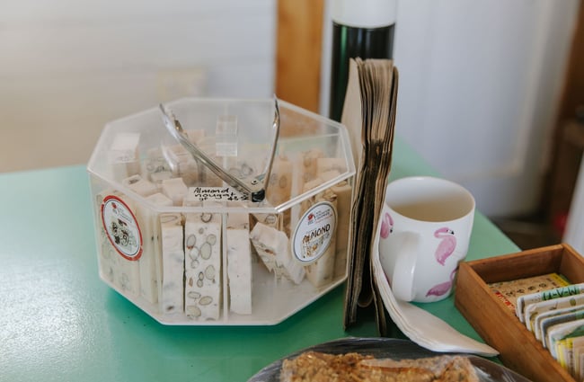 Container of almond nougat at Java Hut, Māpua.