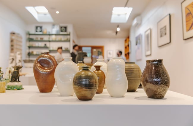 Close up of multiple vases at Kiln Gallery.