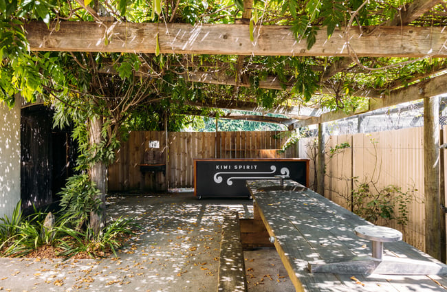 The seating area underneath vines on a sunny day.