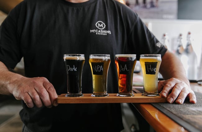 Close up of beer flight from McCashins Brewery.