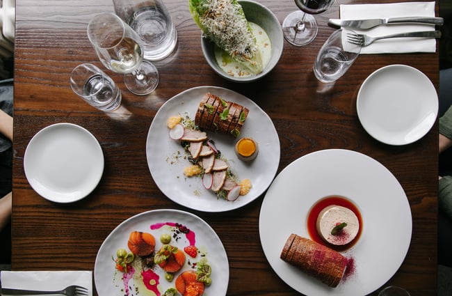 Birdseye view of food on a table at Mona Vale.