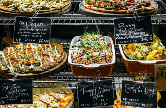 A close up of cabinet salads.