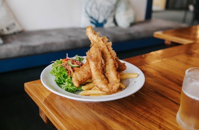 Close up of battered fish and chips at The Fort Enfield in Waitaki.