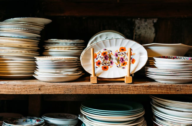 Vintage plates on display.