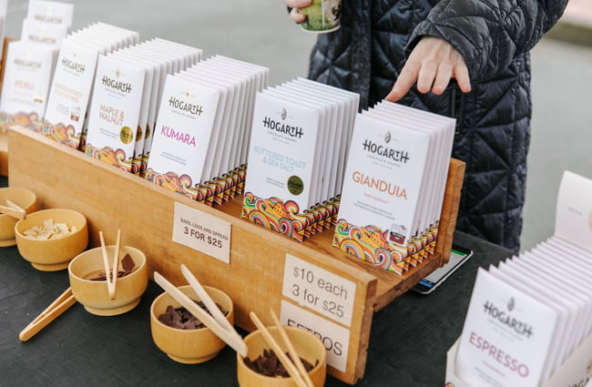 Hogarth chocolates on stall at The Nelson Market, Nelson.