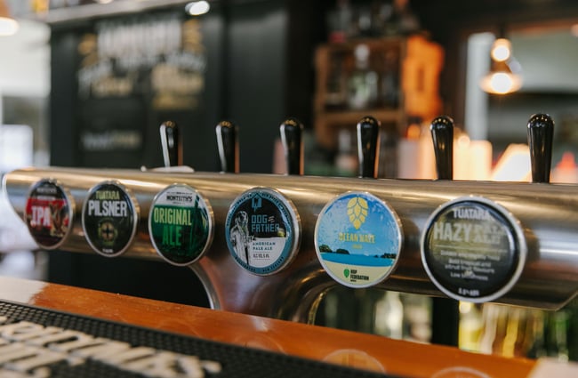 Close up of beer taps at The Smoking Barrel, Motueka Tasman.