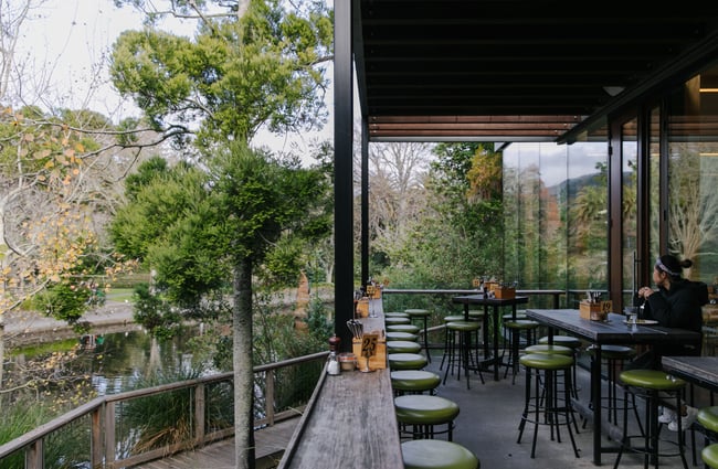 Outdoor seating area at The Suter Art Gallery.