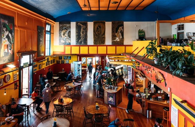 A view of the colourful Wholemeal Cafe from above.