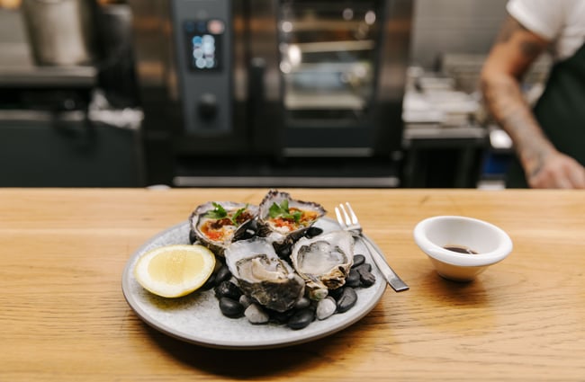 Plate of oysters on the bar.