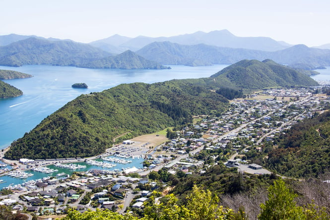 A view of the township in Picton, New Zealand, on a sunny day.