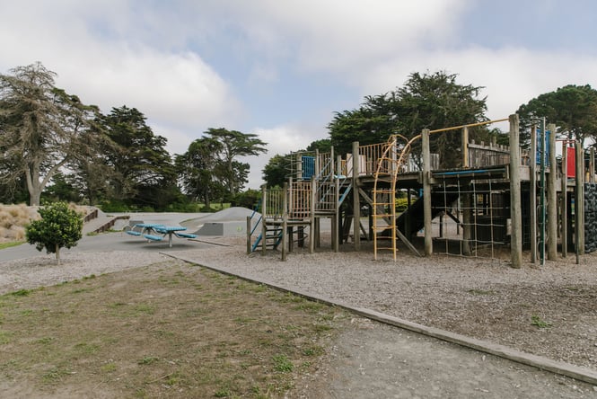 A photography of a large playground area at Thompson Park in New Brighton.