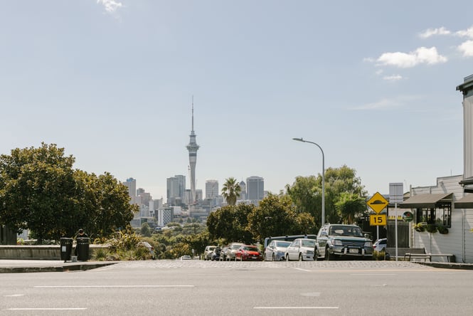 A view of the sky tower from Ponsonby on a sunny day.