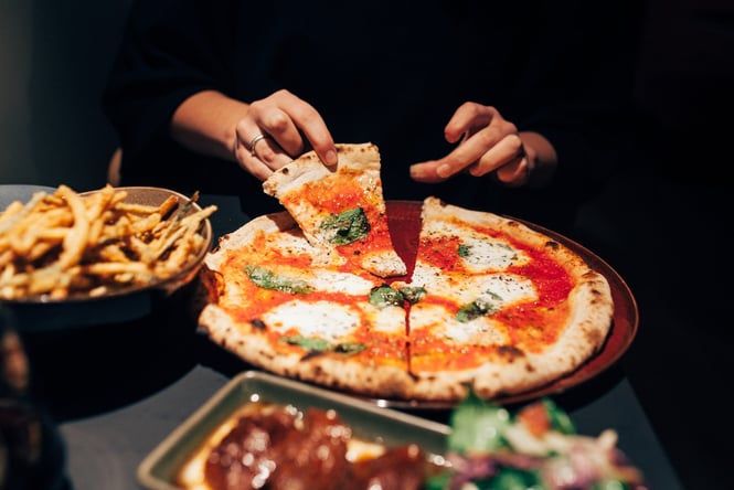 Close up of a margarita pizza from The Birdwood.