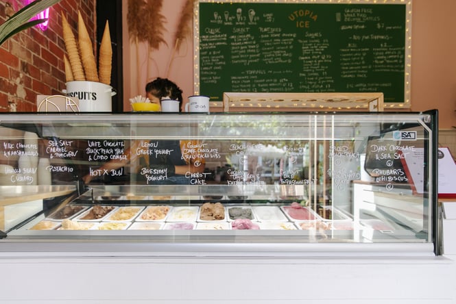 Close up of the ice cream cabinet at Utopia Ice in Christchurch