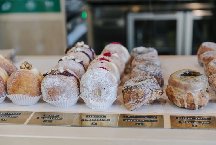 Row of donuts from Grizzly Baked Goods.