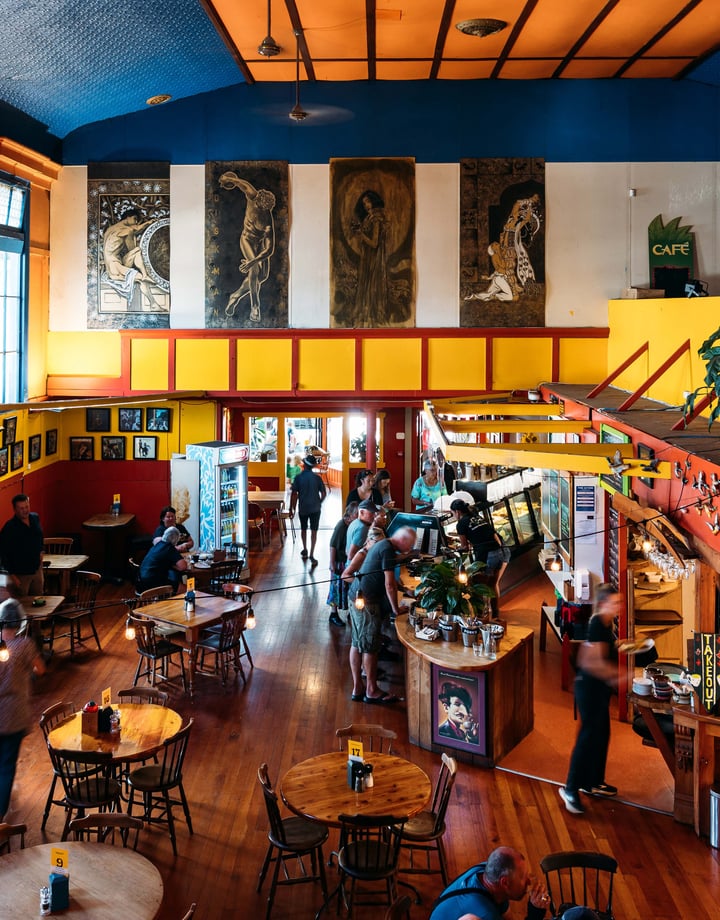 A brightly coloured cafe interior.