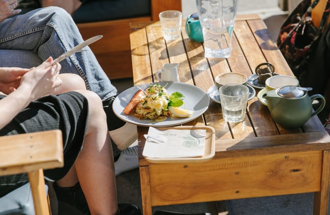 Brunch on outside table at Alberta's, Māpua Wharf.
