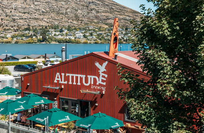 A view of the outside of Altitude Brewing photographed from above.