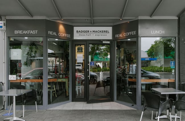 The exterior of the Badger & Mackerel cafe in Oamaru.