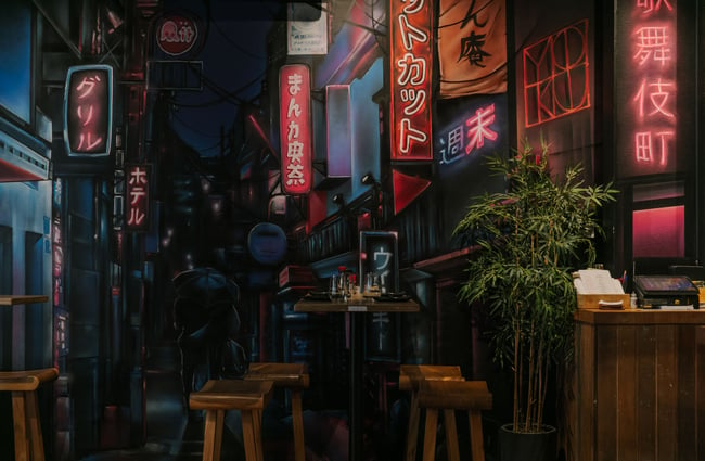 The inside of Bar Yoku that looks like a dark Japanese street.