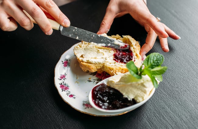 Cream and jam on a scone.