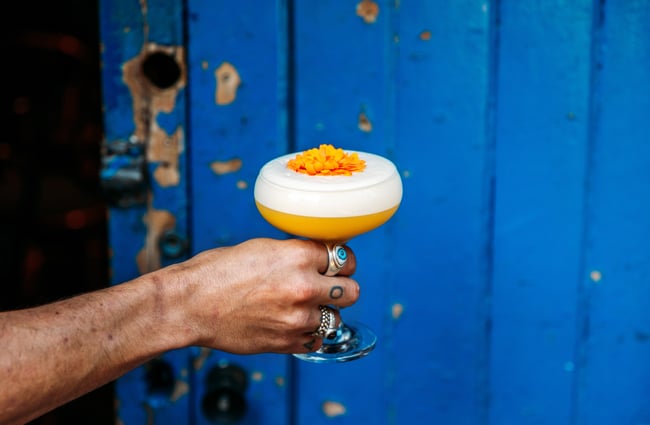 A hand holding a cocktail in front of a blue door.