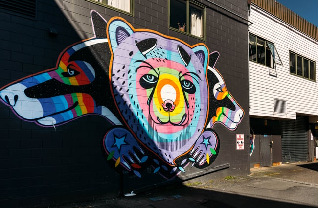 A colourful painted mural of two dogs and bear.