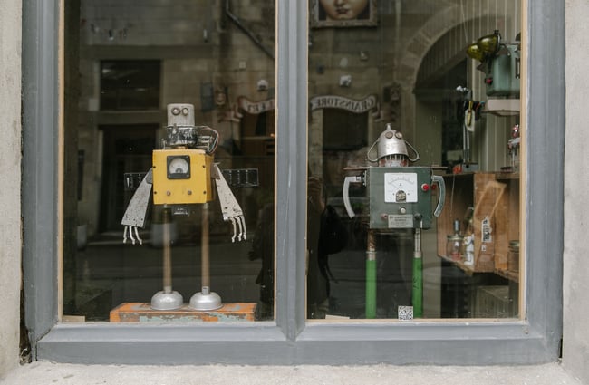 A close up of two robots in the front window at Buggyrobot Gallery.