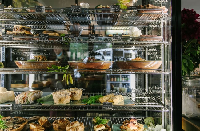 A close up of a cabinet of food inside Cafe Verde in Geraldine.