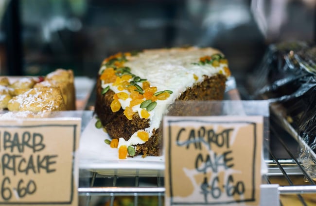 Carrot cake in a cabinet.
