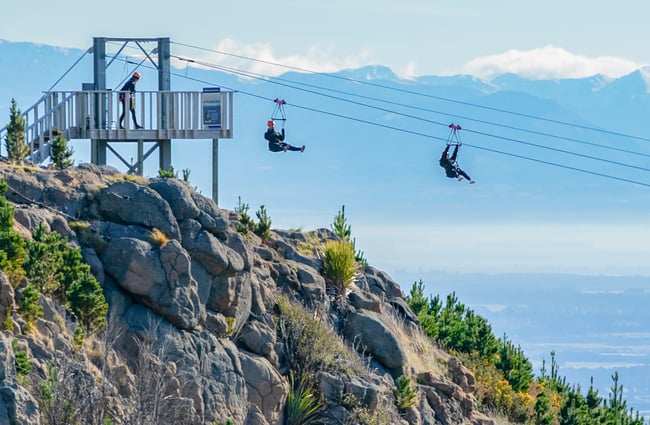 People zip-lining at Christchurch Adventure park on a sunny day.
