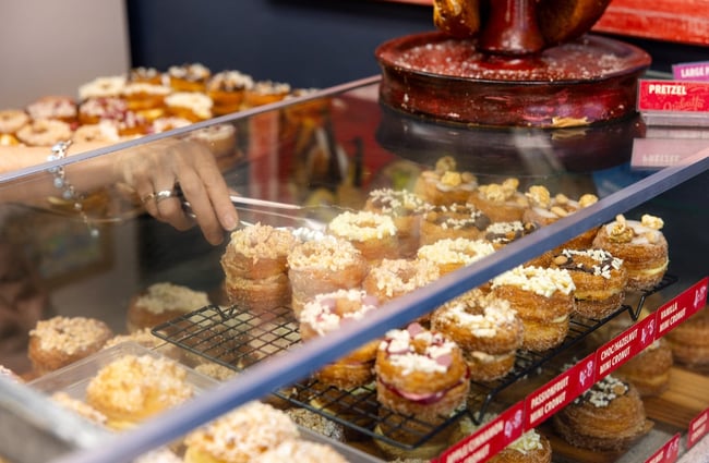Close up of filled cronuts in the cabinet at Ciabatta.