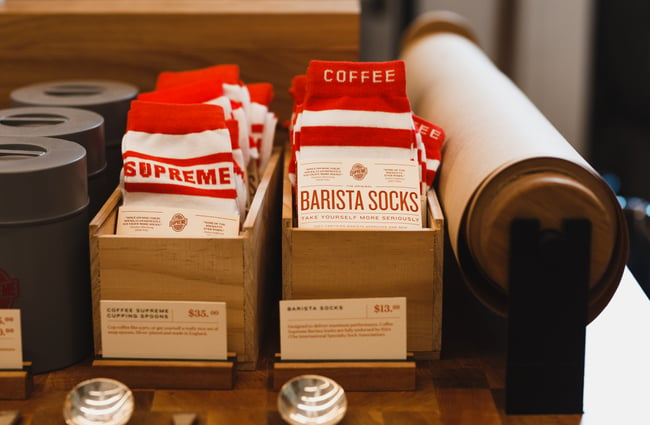Supreme barista socks for sale at  Coffee Supreme Midland Park, Wellington.
