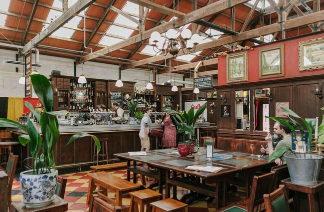 A wide shot view of the interior of the vintage style Craftwork Brewery.