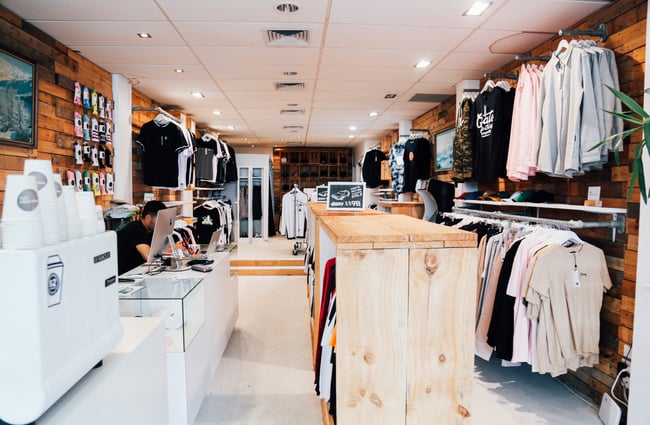 The interior of Crate clothing store Hamilton.