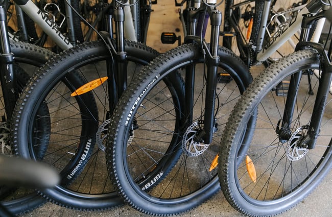 A row of bike wheels at Cycle Ventures in Waitaki.