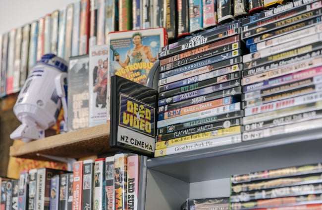 Close up of New Zealand cinema section at Dead Video in Lyttelton.