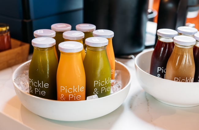 Selection of Pickle & Pie juices on the counter