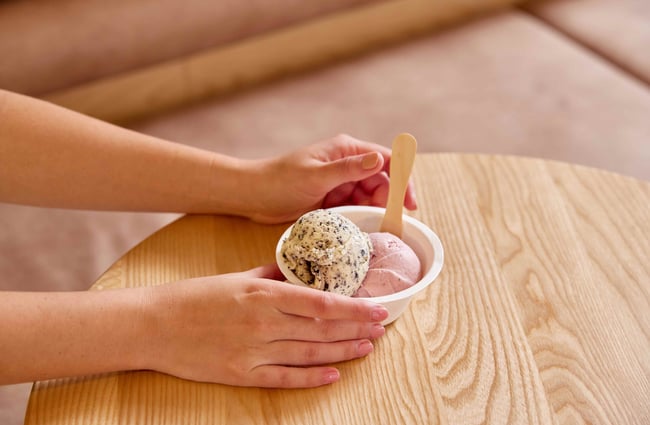 A hand holding a little pottle of two scoops of ice cream.