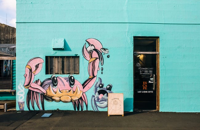 Crab painted on the exterior of Escape Coffee Roasters, New Plymouth.