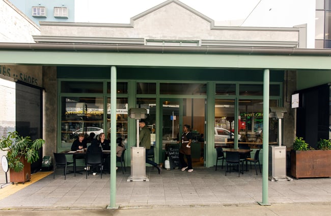 The green exterior of Fort Greene cafe in Auckland.